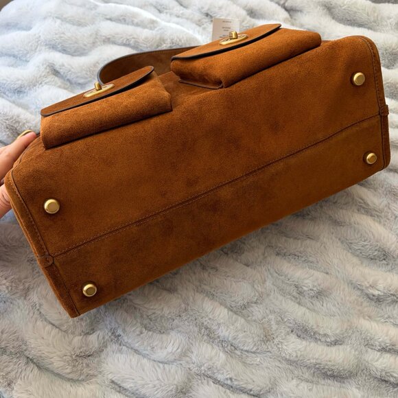 NWT Coach Turnlock Haversack Shoulder Bag Suede Warm Brown/Brass - Picture 2 of 10